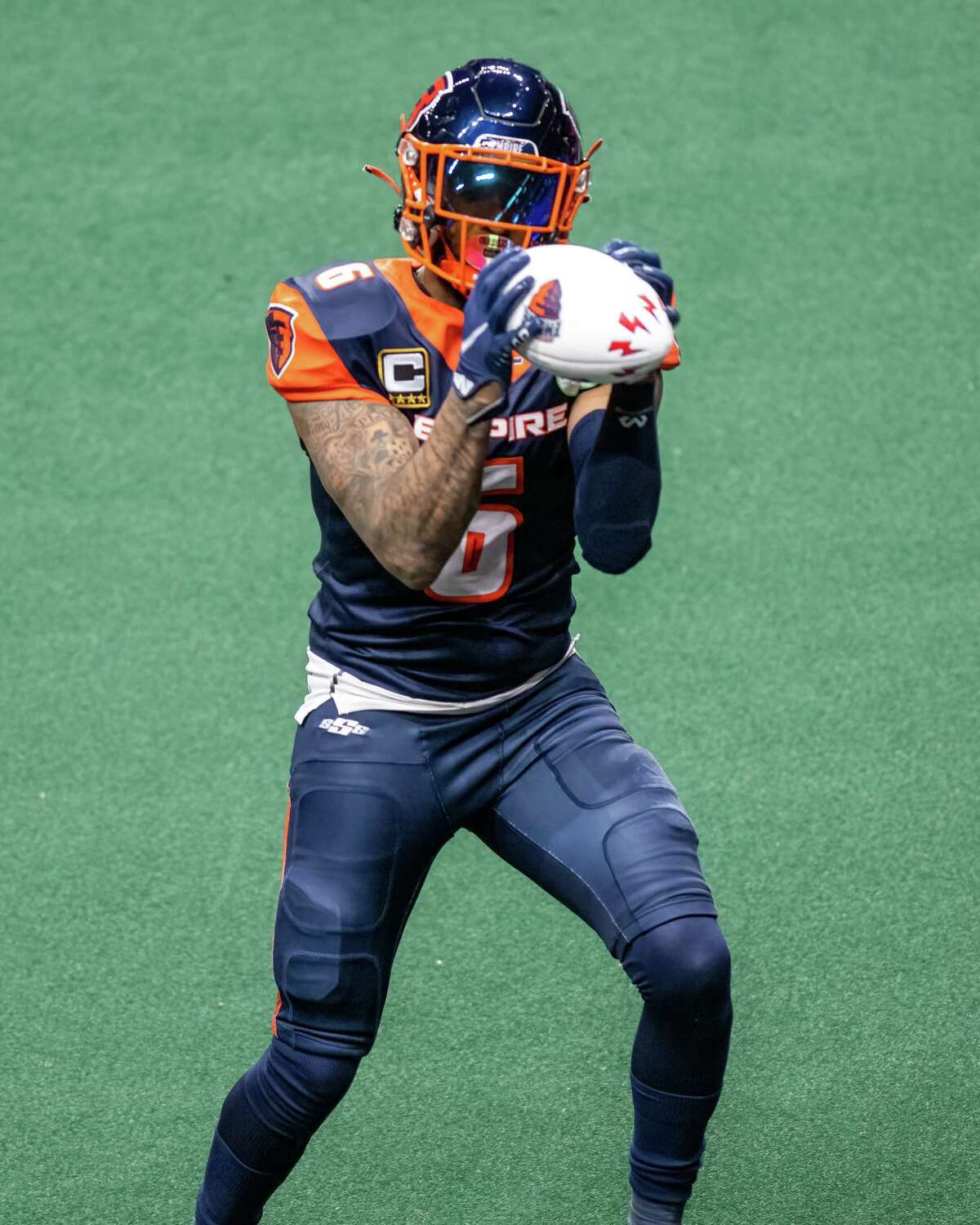 Albany Empire receiver/defensive back Darius Prince makes a catch against the Carolina Cobras during a National Arena League game at the MVP Arena in Albany, NY, on Saturday, April 23, 2022. (Jim Franco/Special to the Times Union)