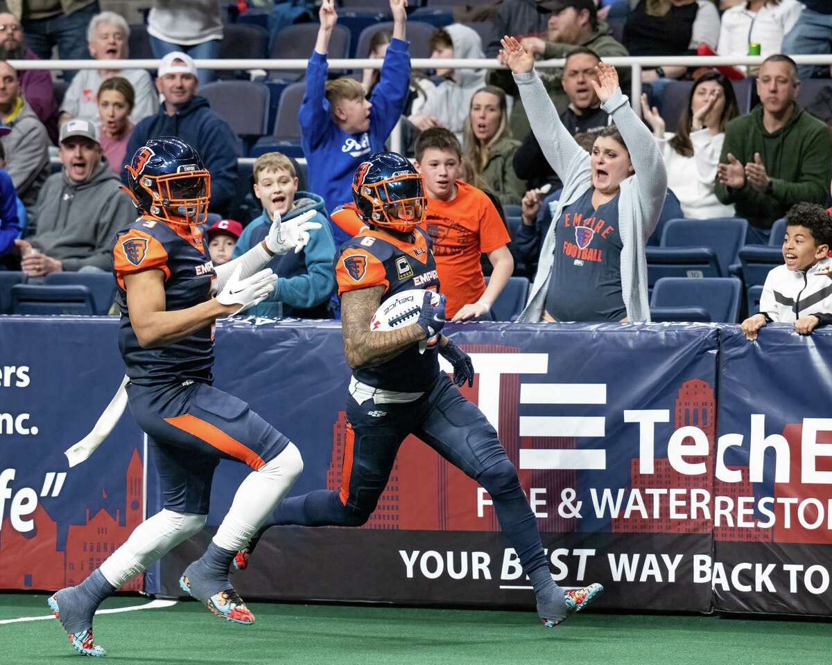 Albany Empire receiver/defensive back Darius Prince, right, has adjusted well to playing defense, teammate Dwayne Hollis said.