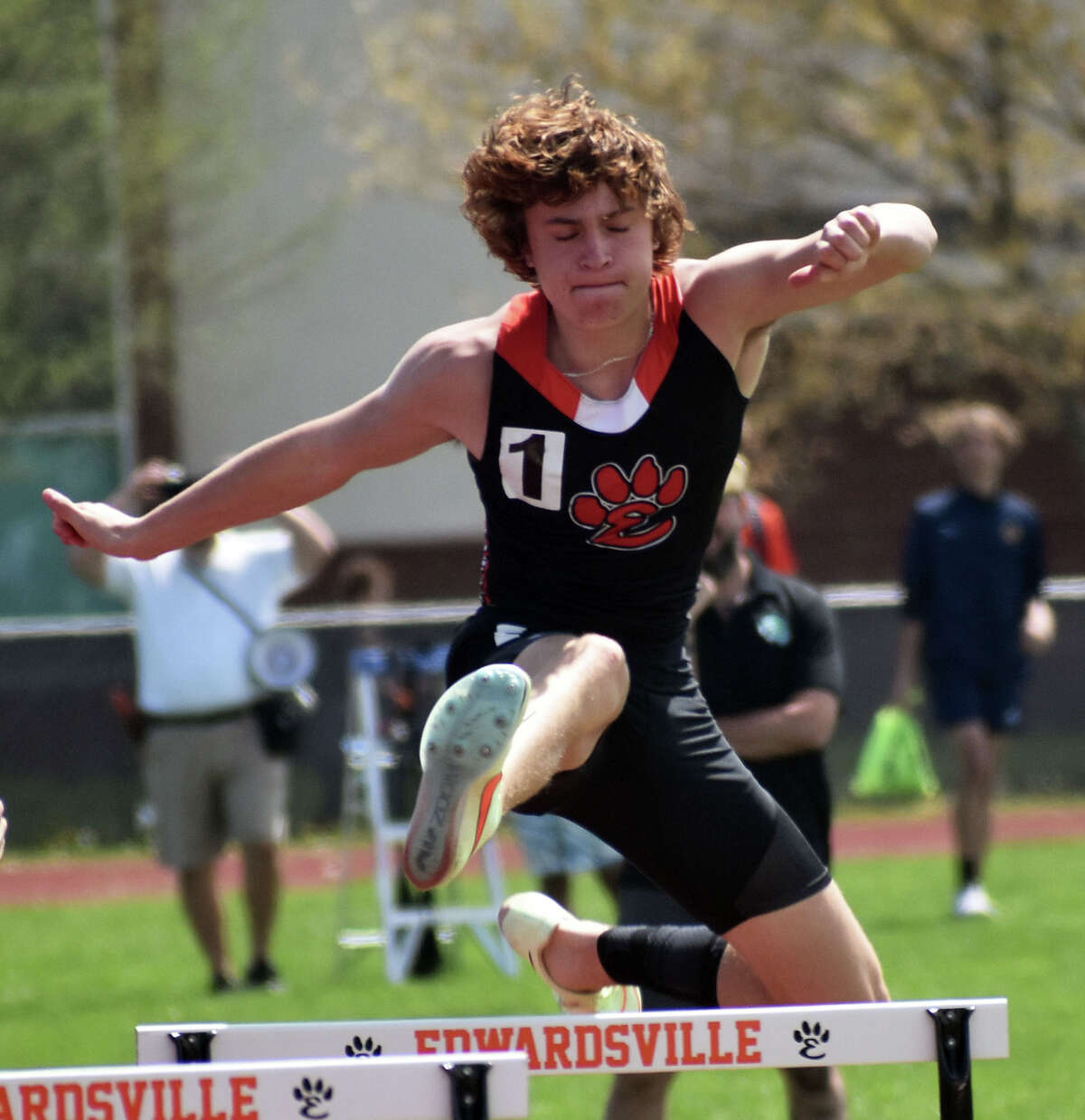 Edwardsville's Clayton Lakatos competes in the 300-meter hurdles on Saturday during the Winston Brown Invitational.