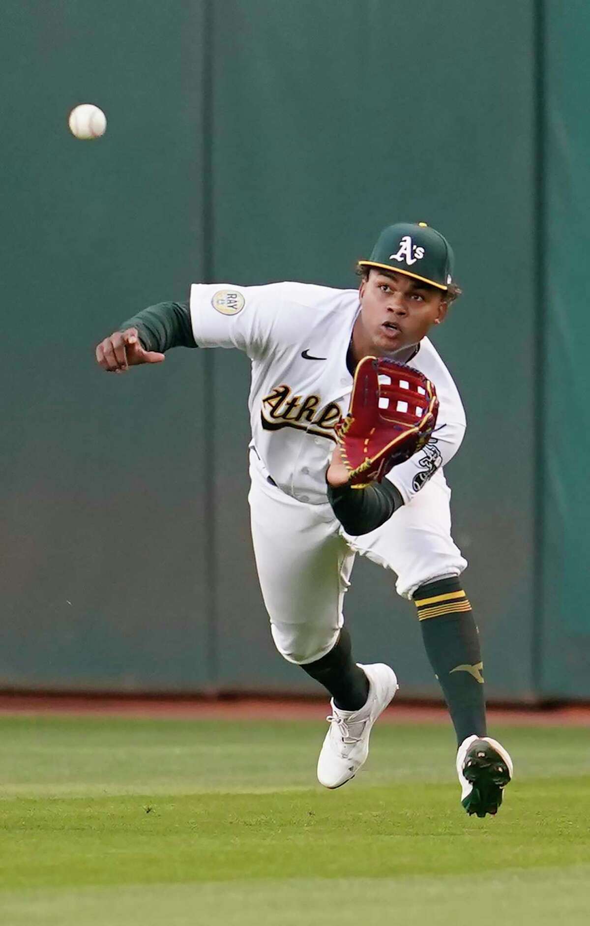 Oakland Athletics center fielder Cristian Pache putting on a show. Oakland Athletics center fielder Cristian Pache catches an RBI-sacrifice fly hit by Texas Rangers' Marcus Semien during the second inning of a baseball game in Oakland, Calif., Friday, April 22, 2022. (AP Photo/Jeff Chiu)