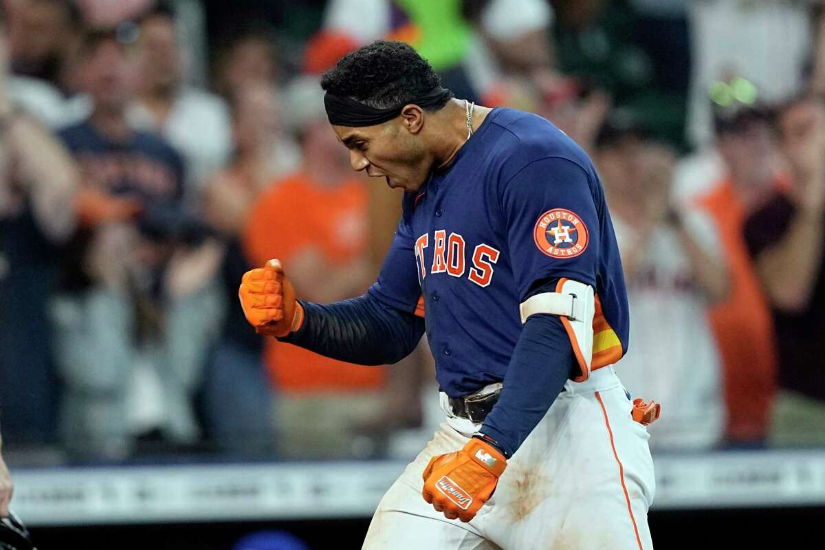 Houston Astros' Jeremy Pena celebrates after hitting a game-winning two-run home run against the Toronto Blue Jays during the 10th inning of a baseball game Sunday, April 24, 2022, in Houston. The Astros won 8-7 in 10 innings. (AP Photo/David J. Phillip)