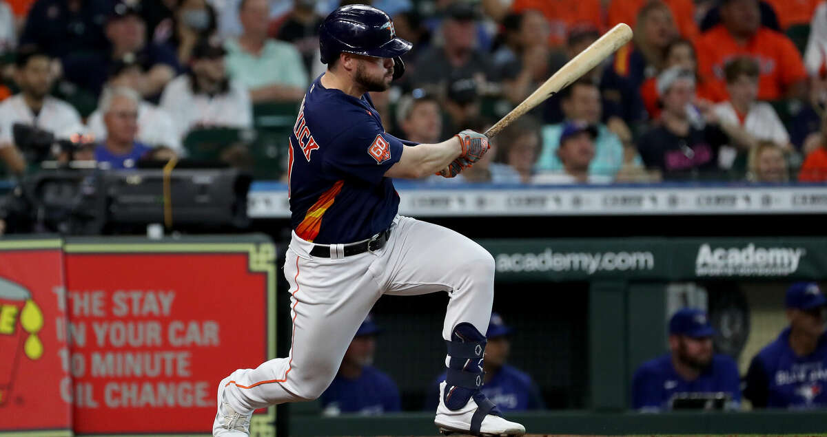 Chas McCormick #20 of the Houston Astros hits an RBI single in the second inning against the Toronto Blue Jays at Minute Maid Park on April 24, 2022 in Houston, Texas. (Photo by Tim Warner/Getty Images)