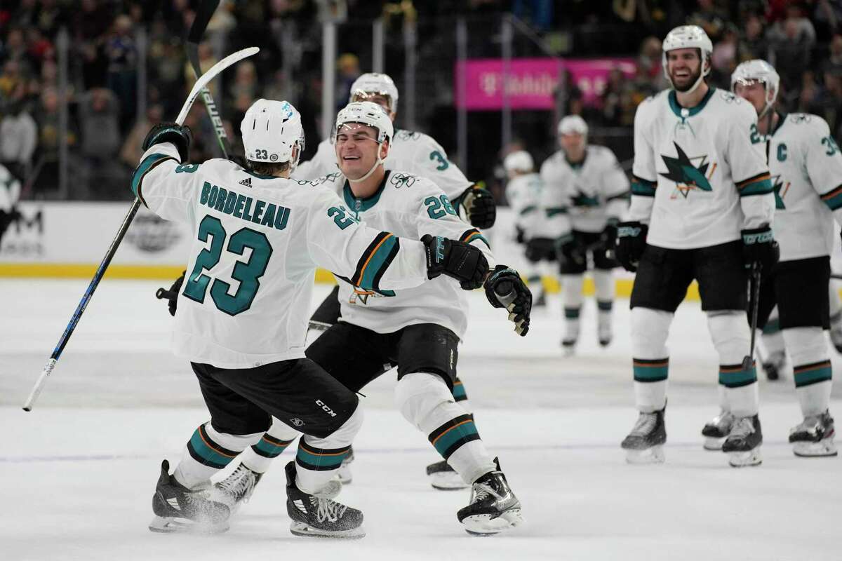 San Jose Sharks right wing Timo Meier (28) celebrates after Thomas Bordeleau (23) scored the only goal in the shootout to beat the Vegas Golden Knights.