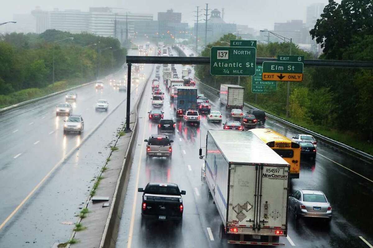 Traffic piles up on I-95 southbound through downtown Stamford during morning rush hour as high winds and rain hit the area on Friday October 1, 2010.