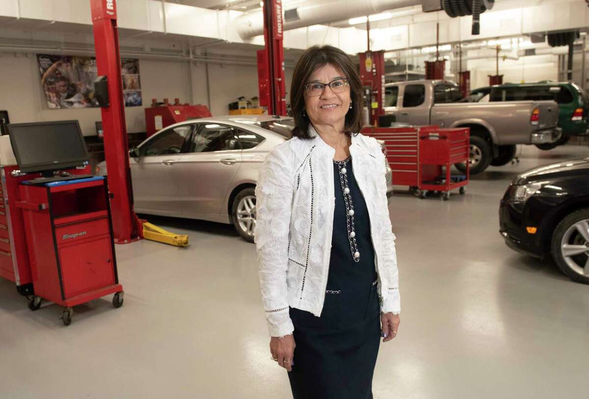 Gladys Cruz, superintendent of Questar III BOCES, is seen in the automotive classroom garage at Questar III BOCES on Monday, April 18, 2022 in Troy, N.Y.