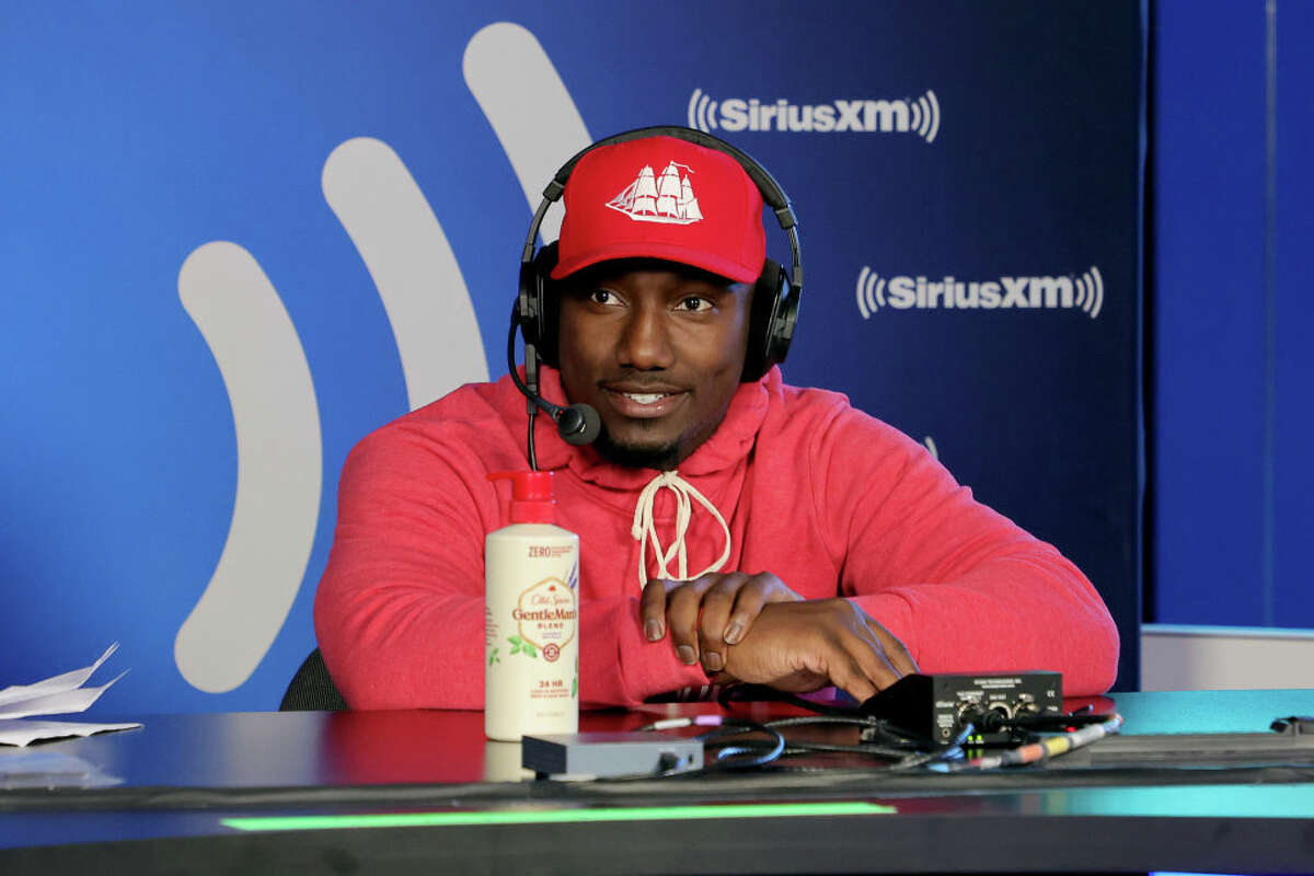 Deebo Samuel of the San Francisco 49ers speaks during an interview on day 1 of SiriusXM at Super Bowl LVI.
