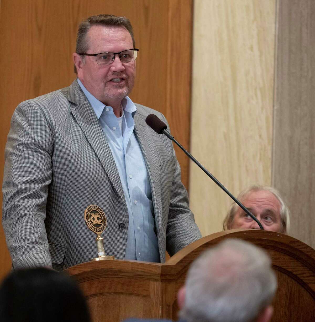 Bryan Murry, MISD board president, congratulates area high school students at the annual Exchange Club of Midland Awards luncheon 04/25/2020 honoring top seniors at the Petroleum Club. Tim Fischer/Reporter-Telegram