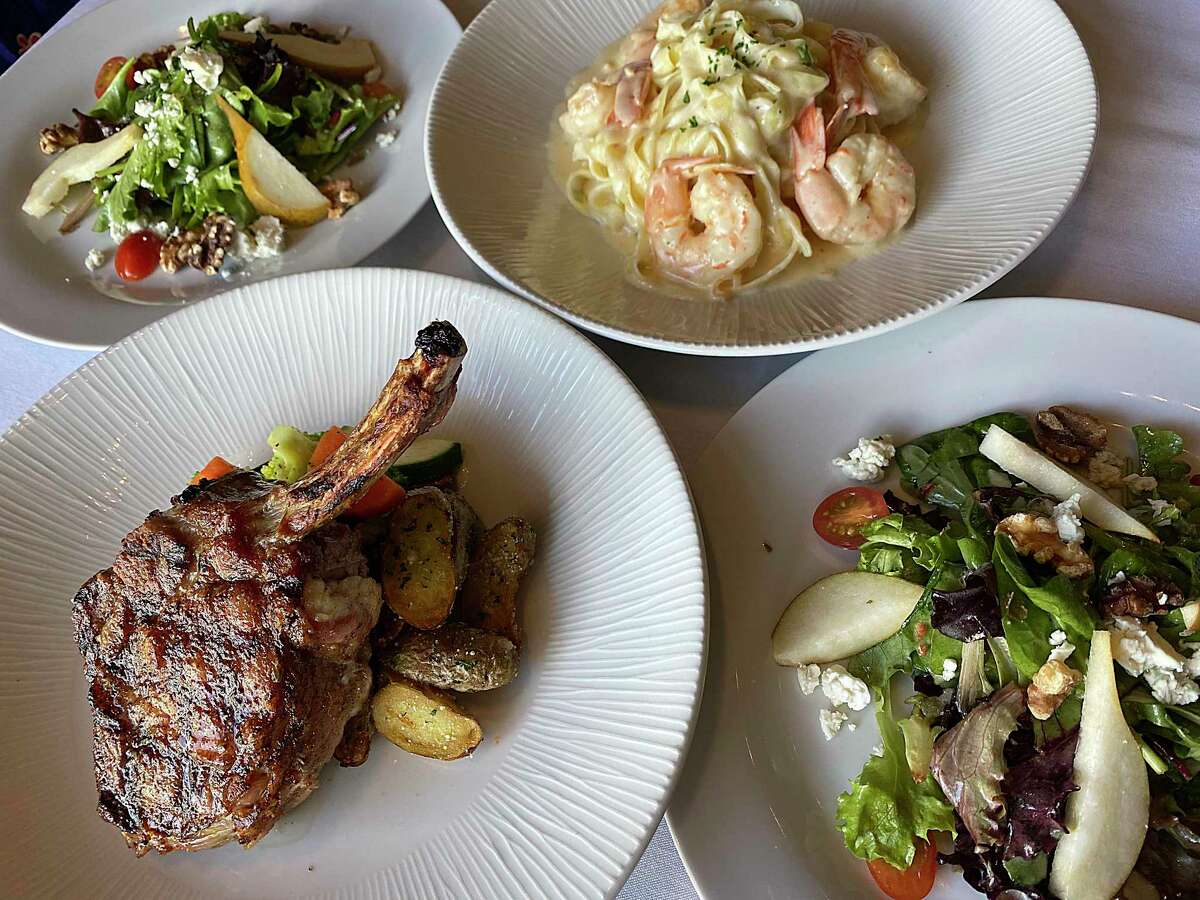 The menu at Aldo's Ristorante Italiano includes, clockwise from bottom left, a veal chop, an apple-walnut salad and shrimp scampi.