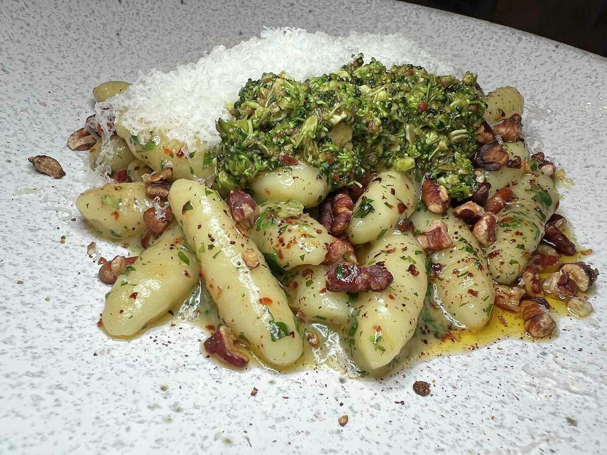 Ricotta cavatelli incorporates handmade pasta, broccoli pesto, Sichuan peppercorns, toasted pecans and Parmesan cheese at Clementine, the Southern-influenced restaurant from chefs John and Elise Russ in Castle Hills.