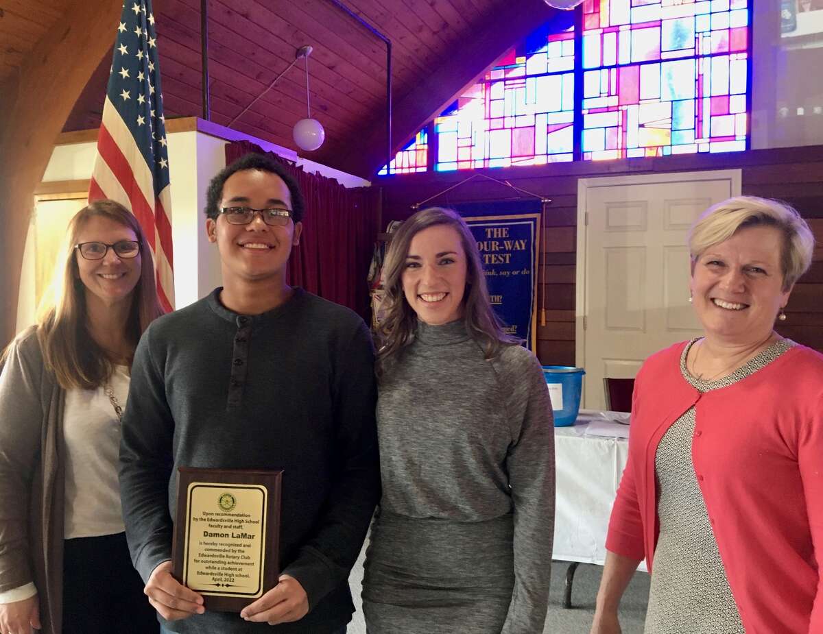 Pictured from left to right are Rotarian Ann Tosovsky, April Student of the Month Damon Lamar, Brittany Hawry-Lamar and Emily Ottwein.