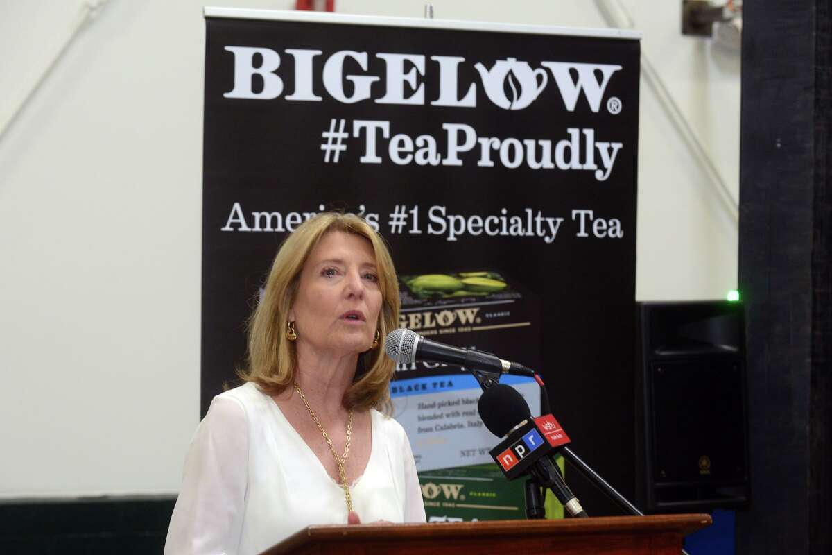 President and CEO Cindi Bigelow speaks during Gov. Ned Lamont’s visit to Bigelow Tea headquarters, in Fairfield, Conn. April 25, 2022.