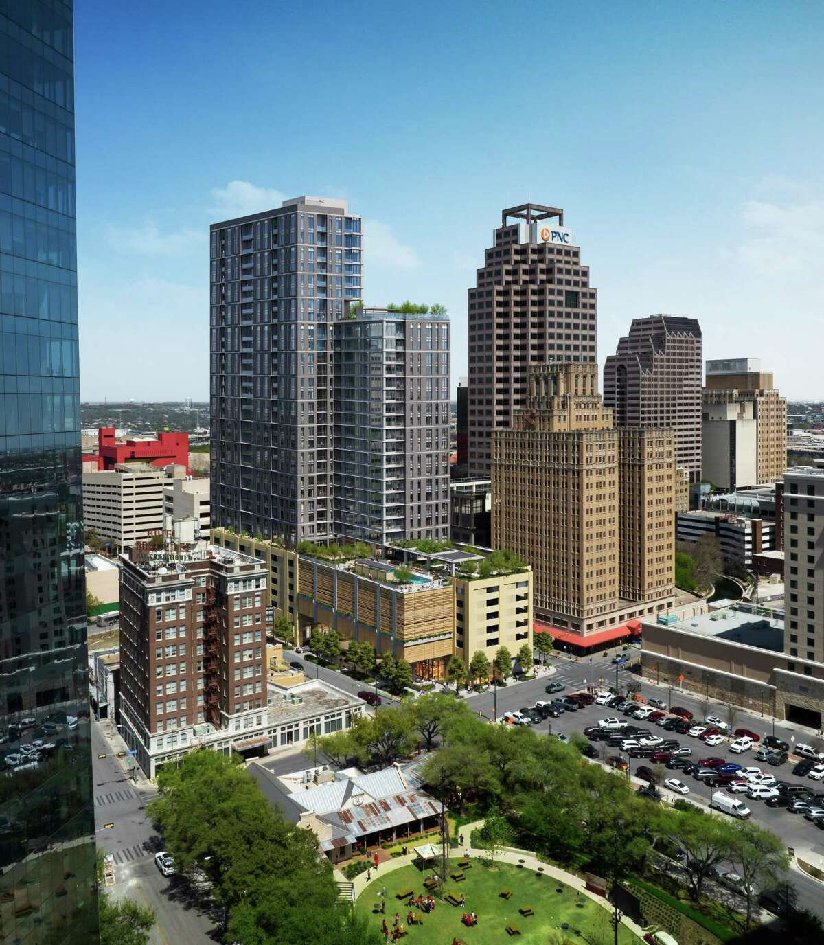 Renderings of the residential tower Weston Urban plans to build at the corner of North Main Avenue and East Travis Street in downtown San Antonio.