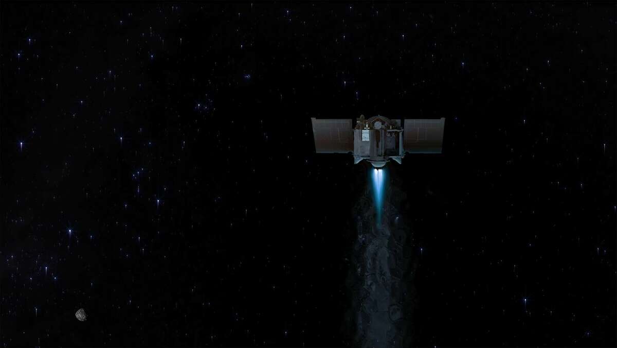 This illustration shows the OSIRIS-REx spacecraft departing asteroid Bennu to begin its journey back to Earth.