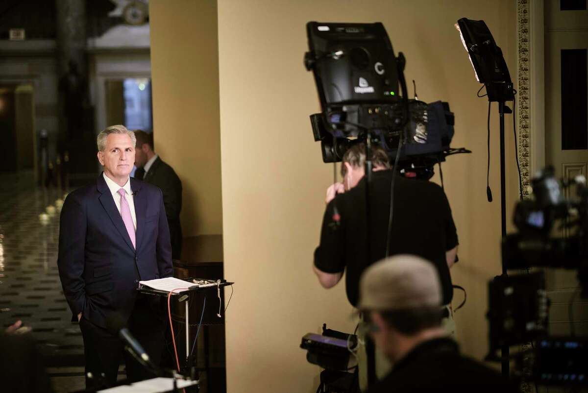 FILE — House Minority Leader Kevin McCarthy (R-Calif.) before giving a news interview on Capitol Hill in Washington, on March 2, 2022. McCarthy was shown to have lied about his response to the Jan. 6, 2021 Capitol riot and former President Donald Trump’s culpability for it. (T.J. Kirkpatrick/The New York Times)