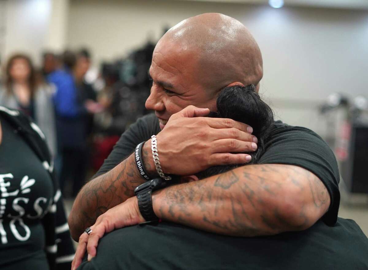 John Lucio hugs a loved one before a press conference at the Gatesville Civic Center on Monday, April 25, 2022, in Gatesville, Tx. John’s mother, Melissa Lucio was days from being executed when a state appeals court granted her a stay on Monday. Carrillo-Tapia is the Director of LULAC District 17. (Christian K. Lee/Chronicle)