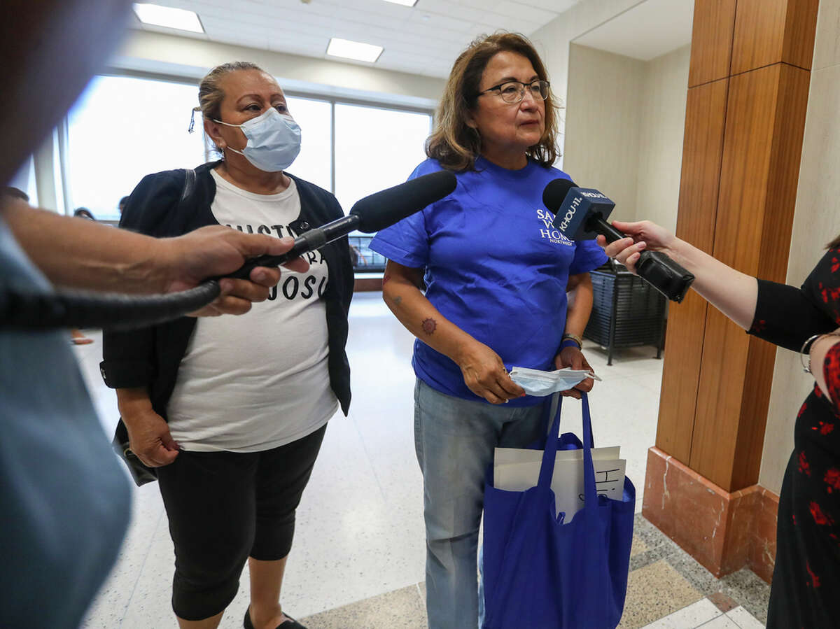 Stella Mireles Walters, founder of Safe Walk Home speaks to the media before the start of opening arguments in the murder trial of Andre Jackson, accused in stabbing death of 11-year-old Josue Flores in 2016 at the criminal courthouse on Monday, April 25, 2022 in Houston.