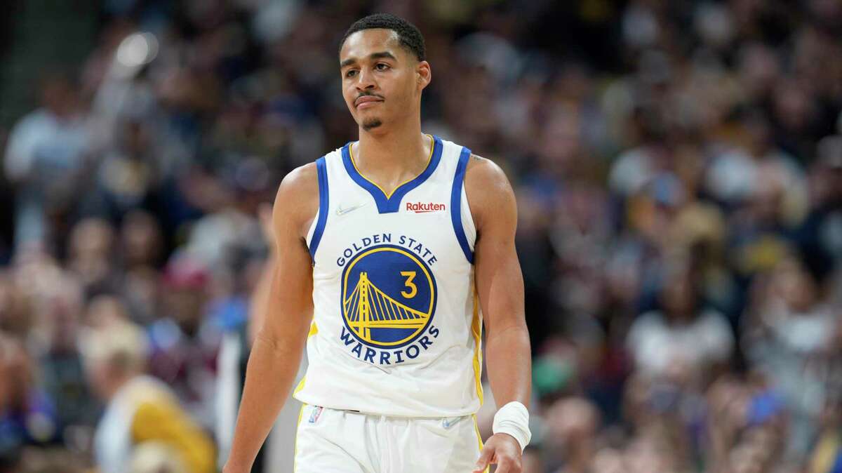 Golden State Warriors guard Jordan Poole (3) in the second half of Game 3 of an NBA basketball first-round Western Conference playoff series Thursday, April 21, 2022, in Denver. (AP Photo/David Zalubowski)