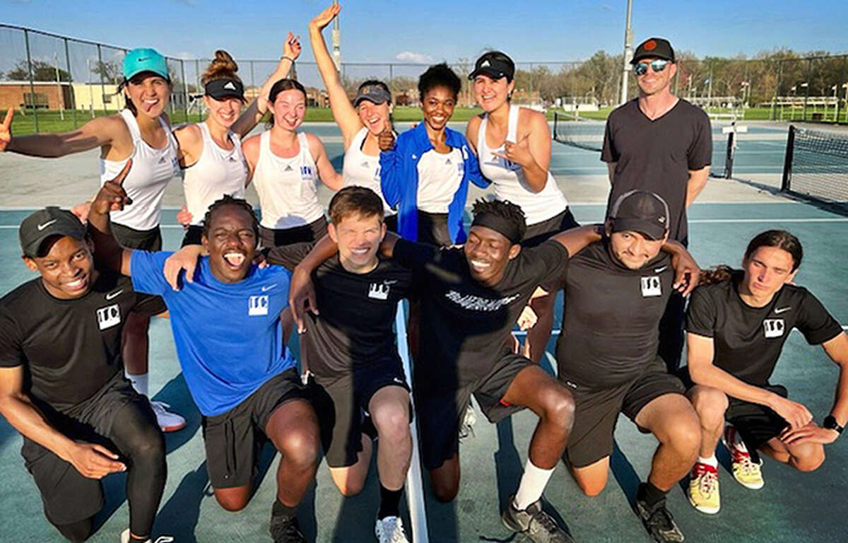 Members of the Lewis and Clark Community College men's and women's tennis teams celebrate sweeping the Region 24 tourneys at Kaskaskia College in Centralia and qualifying for their respective NJCAA National Tournaments.