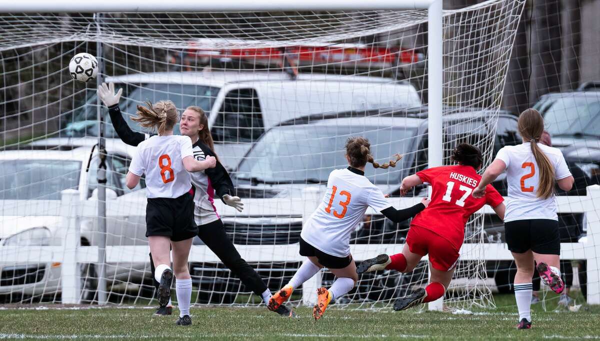 Benzie Central's Allie Barker scores the winning goal against Kingsley on Monday afternoon. 