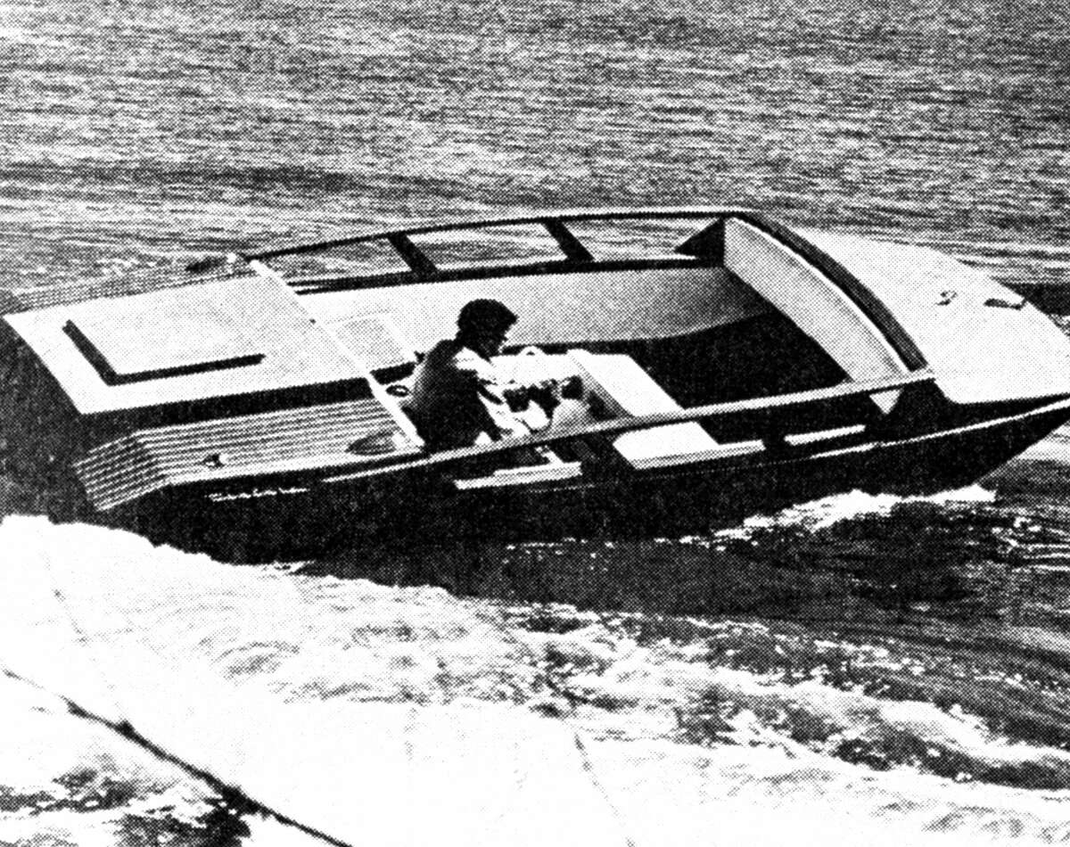 With boats being readied for the water and boating activity about to begin, the Century Boat Company is introducing its new all-African mahogany planked Sun Sled 17. Reidar Rohrstaff, Century's research and development manager is shown driving the vessel. The local company is now in full production of this boat, which is one of 11 in the 1962 Century line of boats. The photo was published in the News Advocate on April 24, 1962.