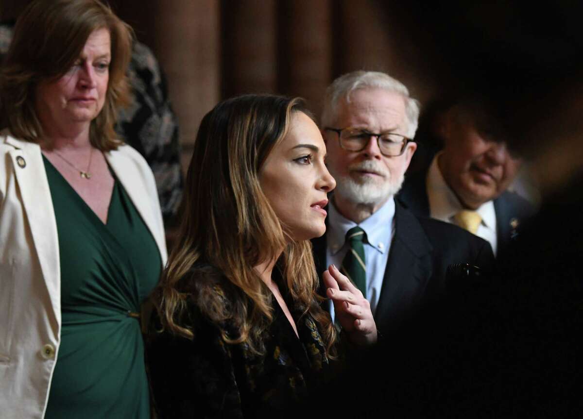 Sen. Julia Salazar, co-sponsor of bills addressing the high rate of cesarean sections performed in New York State, is joined by fellow lawmaker during a press conference promoting the legislation on Tuesday, April 26, 2022, at the Capitol in Albany, N.Y. New York State’s c-section delivery rate is one of the highest in the nation.