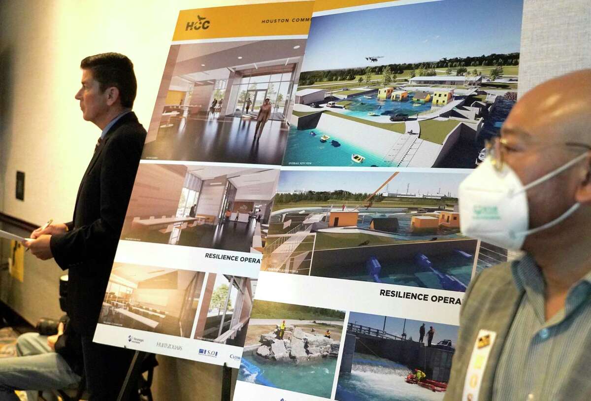 Renderings are displayed during a Houston Community College media conference about the plan to build nation’s largest flood simulation training center shown Hilton Americas-Houston Hotel Tuesday, April 26, 2022, in Houston.