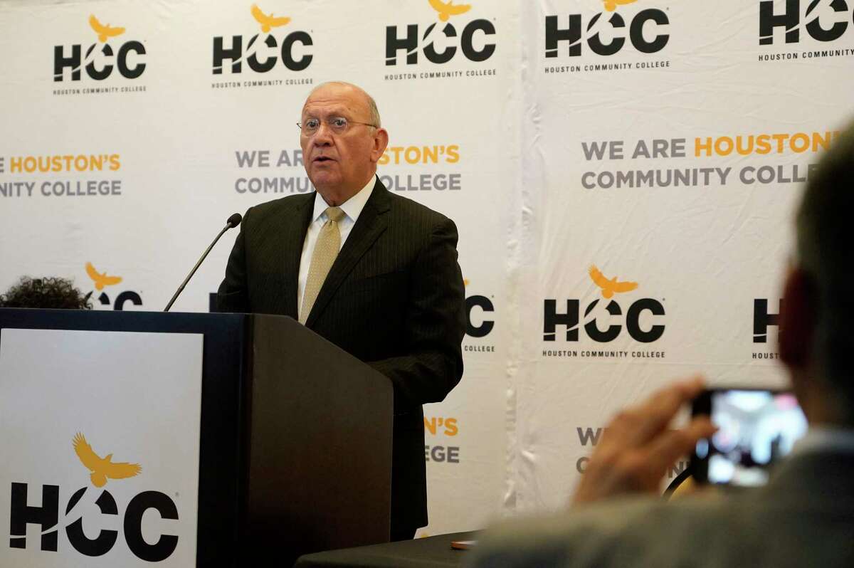 Cesar Maldonado, chancellor of Houston Community College, speaks during a media conference about the plan to build nation’s largest flood simulation training center shown Hilton Americas-Houston Hotel Tuesday, April 26, 2022, in Houston.
