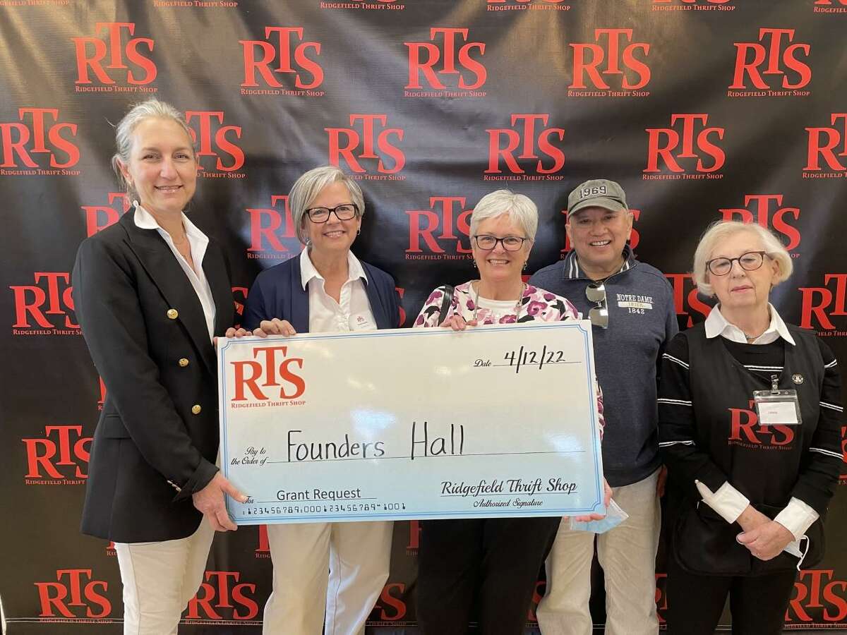 The Ridgefield Thrift Shop recently presented Founders Hall a generous grant to support the Hobby and Sport Program which includes billiards, basketball, bridge, and many other classes offered on a semester basis. A photo of the receipt of the submission, from April 12, is shown. Pictured from the left to the right: Pamela Simoneau, Rigefield Thrift Shop volunteer, Cindy Nesbitt, director of developmentat Founders Hall, Grace Weber, executive director at Founders Hall, Antonio Villanueva, a member of Founders Hall and volunteer at the Ridgefield Thrift Shop, and Lynne Sewell, a member of Founders Hall and volunteer at the Ridgefield Thrift Shop.