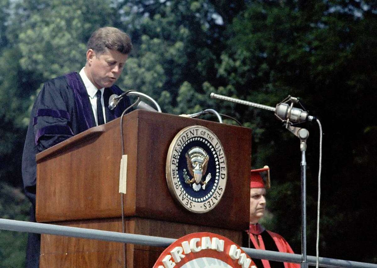 John F. Kennedy: American University (1963) World peace was the powerful theme of John F. Kennedy’s commencement speech delivered to the 1963 graduating class of American University. Speaking to the class of ’63, Kennedy said: “I am talking about genuine peace, the kind of peace that makes life on earth worth living, the kind that enables men and nations to grow and to hope and to build a better life for their children—not merely peace for Americans but peace for all men and women—not merely peace in our time but peace for all time.” Two years prior to this commencement address, Kennedy was sworn in as the 35th president of the United States. Kennedy also used the American University speech to announce opening talks with Moscow on a test ban treaty, as well as a declaration that the U.S. would not conduct nuclear tests in the atmosphere. Kennedy himself graduated cum laude from Harvard University in 1940 with a Bachelor of Arts in government and a concentration on international affairs. He would go on to create the Peace Corps, propose the Civil Rights Act, fund the space program, avert nuclear war during the Cuban Missile Crisis, and was integral in the formation of the Partial Nuclear Test Ban Treaty.