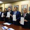 Mayor Pete Saenz and Tamaulipas Governor Francisco Javier Garcia Cabeza de Vaca signed an MOU regarding the World Trade Bridge Expansion and were joined by dignitaries.