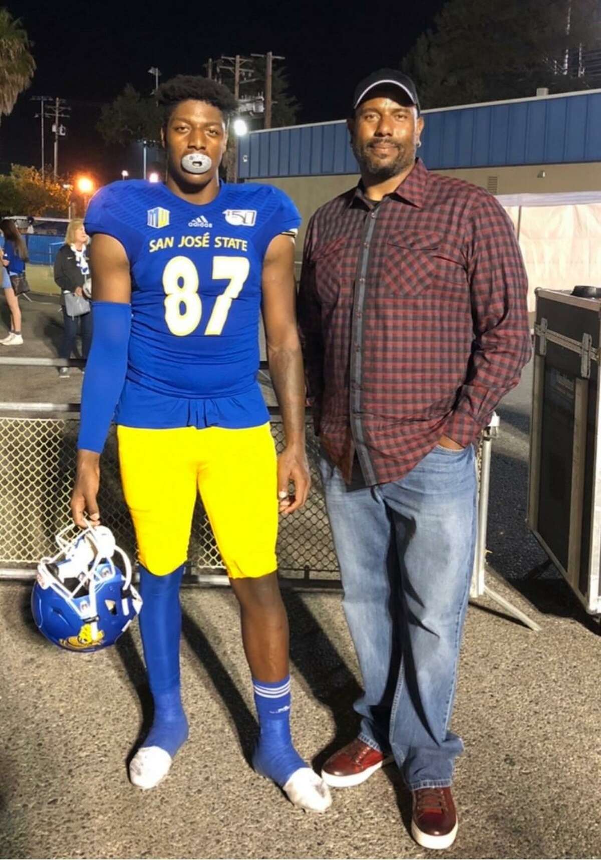 San Jose State tight end Derrick Deese Jr. and his father, Derrick, a former 49ers offensive lineman.