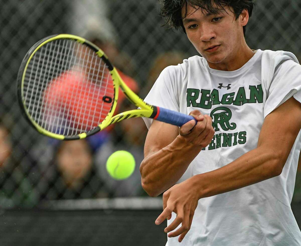 Kyle Totorica of Reagan High School returns a shot en route to victory over Rodolfo Mazzola of Beaumont West Brook in the quarterfinals round of the UIL state tennis tournament at the Northside Tennis Center on Tuesday, April 26, 2022.