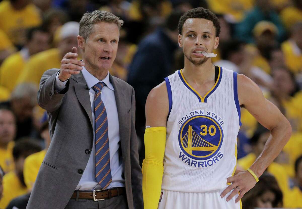 How far they’ve come: In their eighth season together, Warriors head coach Steve Kerr and guard Stephen Curry are seen in October, top, and below that during their first championship season, in May 2015.