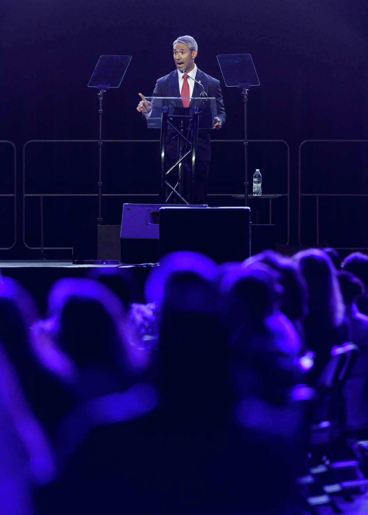Mayor Ron Nirenberg gives his annual state of the city address inside the new Tech Port Center + Arena in San Antonio, Texas, Tuesday, April 26, 2022.