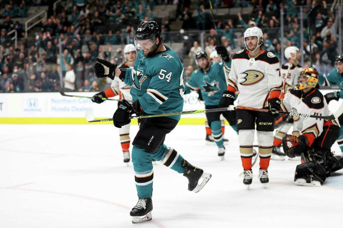 SAN JOSE, CALIFORNIA - APRIL 26: Scott Reedy #54 of the San Jose Sharks reacts after he scored a goal against the Anaheim Ducks in the second period at SAP Center on April 26, 2022 in San Jose, California. (Photo by Ezra Shaw/Getty Images)