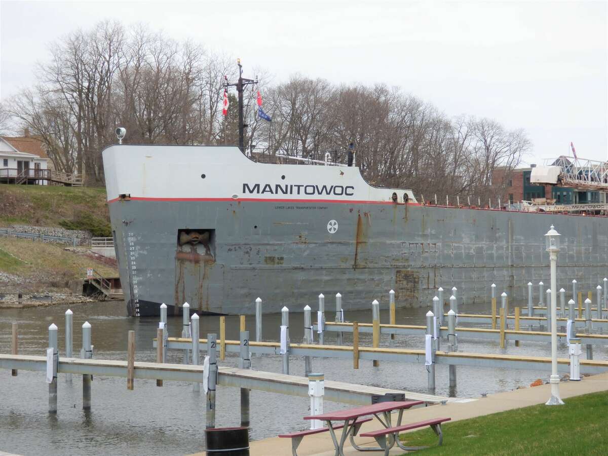 The Manitowoc departs Manistee waters Wednesday morning.