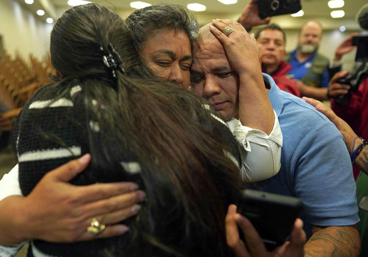 John Lucio, right, is embraced by Analulsa Carrillo-Tapia before a press conference at the Gatesville Civic Center on Monday, April 25, 2022, in Gatesville, Tx. John’s mother, Melissa Lucio was days from being executed when a state appeals court granted her a stay on Monday. Carrillo-Tapia is the Director of LULAC District 17. (Christian K. Lee/Chronicle)