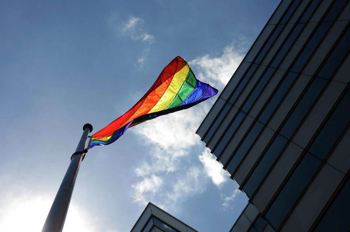A LGBT pride flag flies outside the government center in downtown Stamford, Conn. on Wednesday, June 14, 2017.
