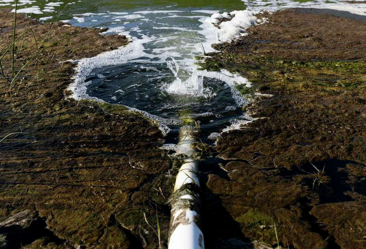 Water bubbles up from a pipeline leading down to a reservoir from over a grassy hill on vintner Ana Keller’s property in Petaluma.