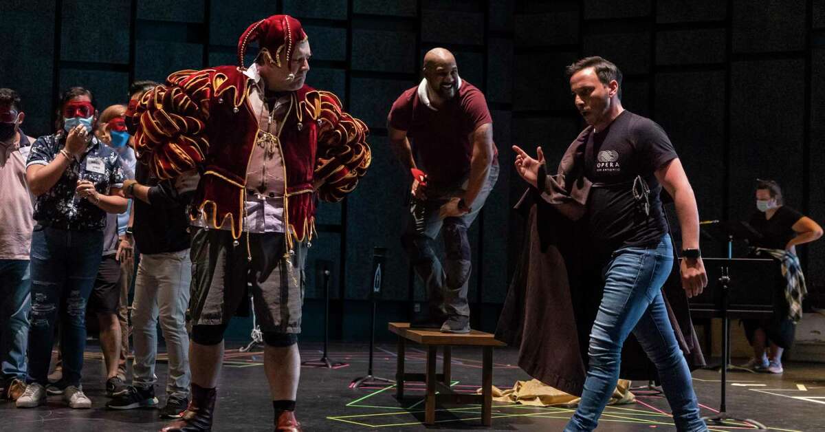 James Westman as Rigoletto (left) and Santiago Ballerini as the the Duke of Mantua rehearse for Opera San Antonio’s production of “Rigoletto.” It will be the company’s first full production of an opera in two years.