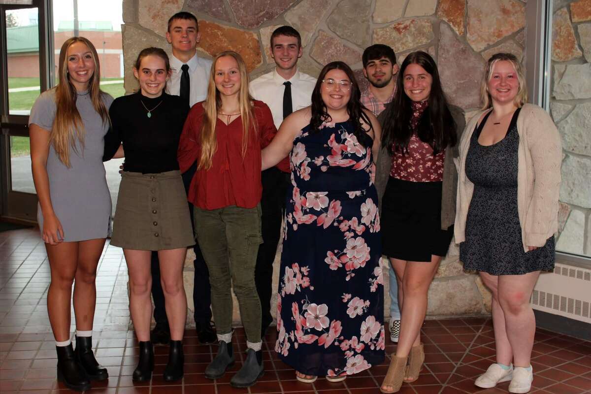 Ten high school seniors were honored at the Michigan Education Association Region 13-B's Academic All-Stars Banquet on April 13 at West Shore Community College. Pictured are (front row, from left) Mikaylyn Kenney, of Pentwater High School; Solana Postma, of Manistee High School; Ellery McIsaac, of Onekama High School; Lilian Fessenden, of Walkerville High School; Nicole Bowen, of Mason County Central High School; and Keera Groenwald of Bear Lake High School; and (back row) Eli Shoup, of Mason County Eastern High School; Gavin Rudlaff of Brethren High School; and Mason Cantu, of Hart High School. Not pictured: Abigail Bandstra, of Ludington High School.