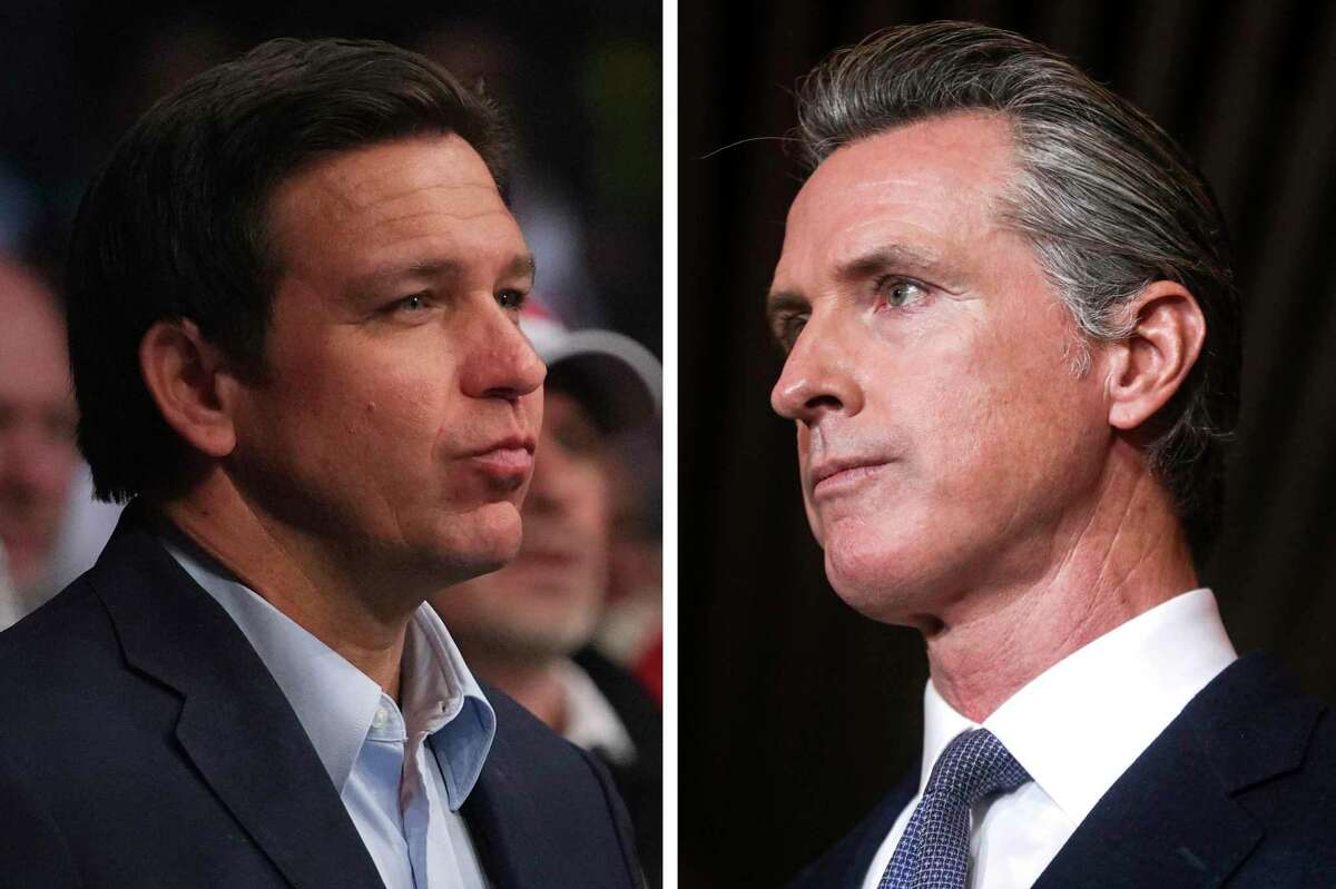 Florida Gov. Ron Desantis (left) and California Gov. Gavin Newsom continue to trade insults on Twitter and in public forums.