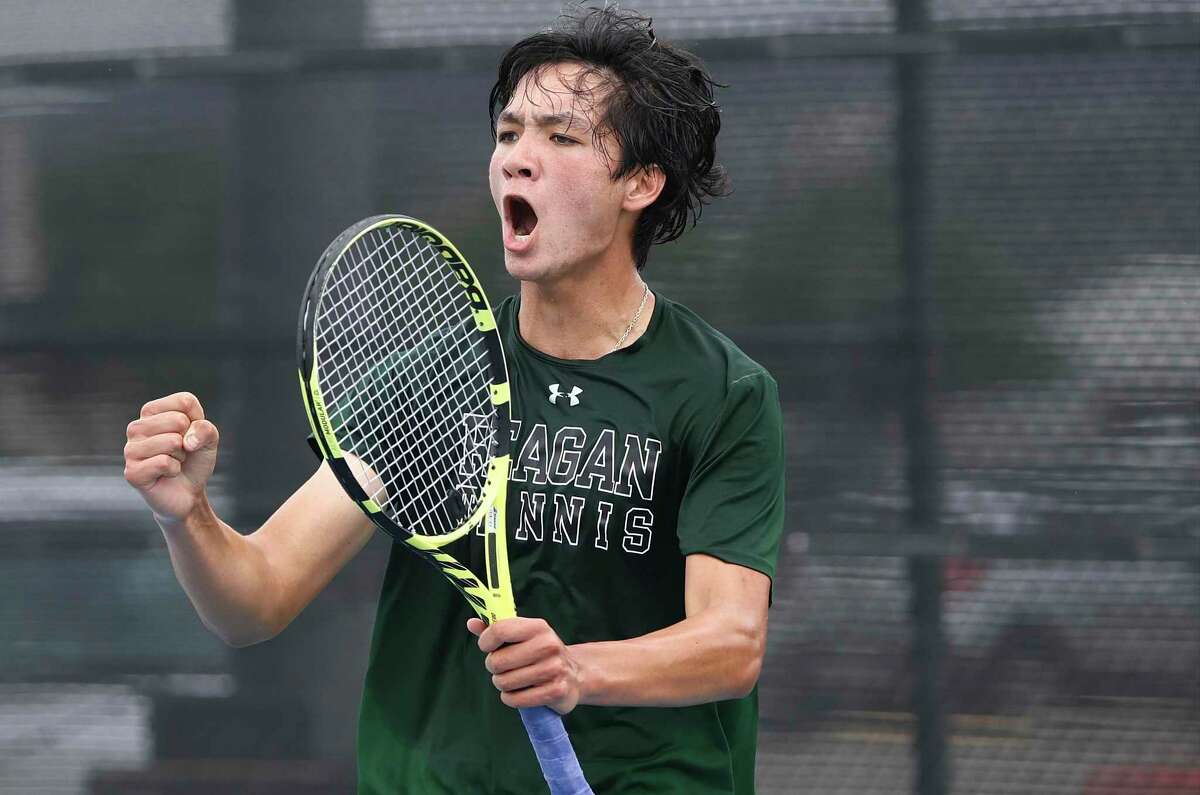 Reagan’s Kyle Totorica reacts after a point against El Paso Coronado’s Ian Uraga in the UIL 6A state tennis boys singles final at Northside Tennis Center on Wednesday, Apr. 27, 2022. Totorica defeated Uraga, 7-5, 6-4, to win the state championship title.