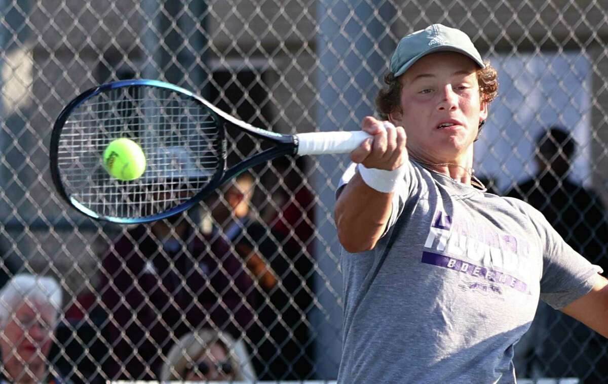 Boerne’s Justin Koth plays against Longview Spring Hill’s Zach Couch in the UIL 4A state tennis boys singles final at Northside Tennis Center on Wednesday, Apr. 27, 2022. Koth defeated Couch, 6-3, 6-4, to win the state championship title.