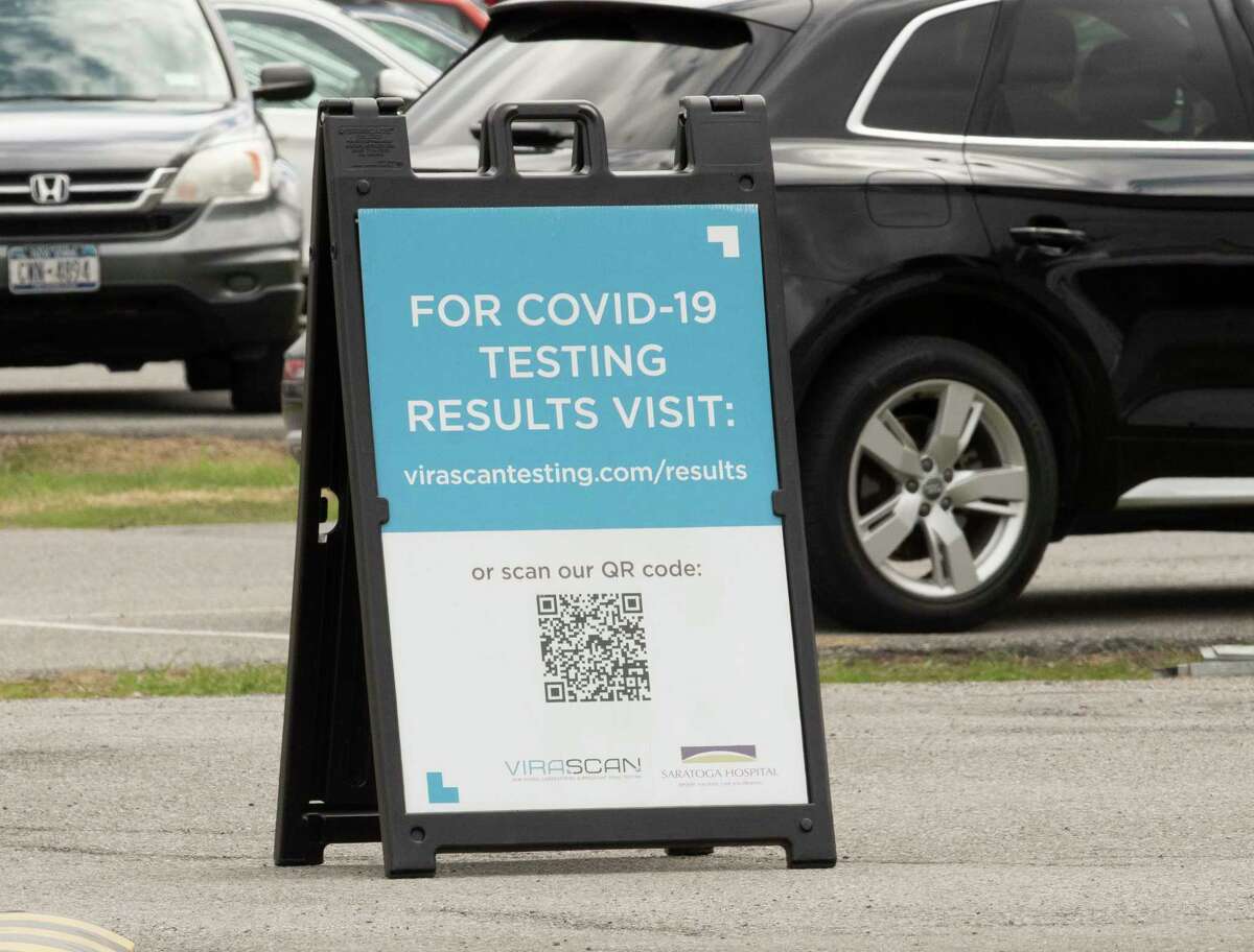 Sign at drive-thru COVID testing tent set up at Saratoga Hospital Wednesday, April 27, 2022 in Saratoga Springs, N.Y.