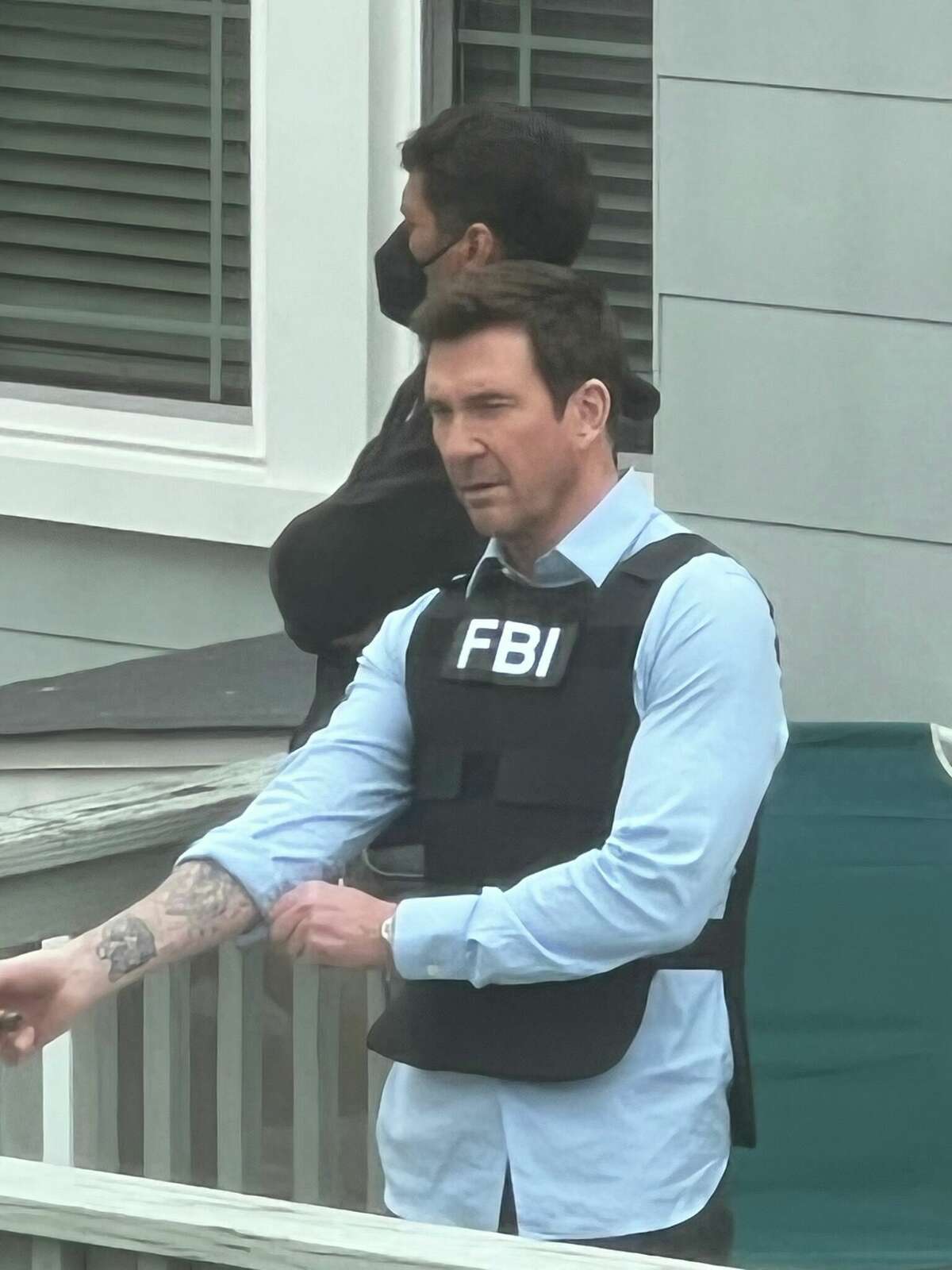 Cast and crew filming a scene of "FBI: Most Wanted" in White Plains, New York.