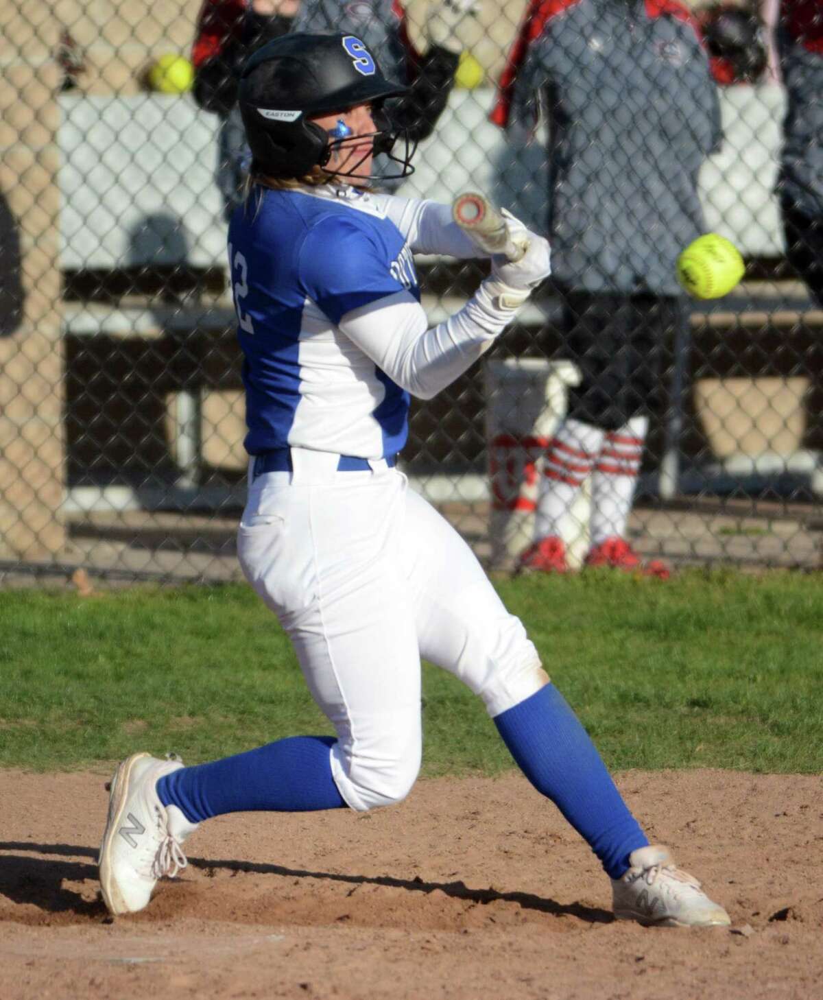 Ashlyn DeSaulniers of Southington lines a two-run single to left field in the sixth inning of the Blue Knights’ 14-1 victory over Cheshire on Wednesday.