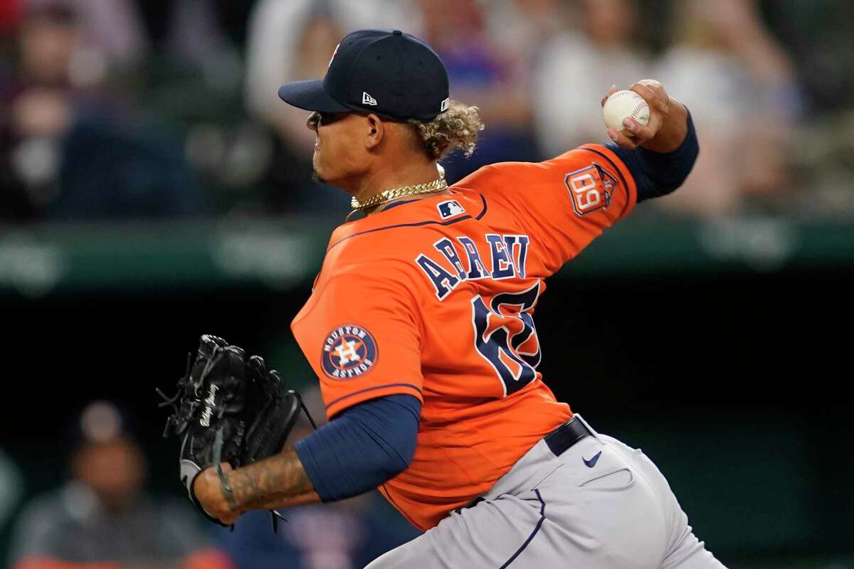 Houston Astros' Bryan Abreu pitches in the sixth inning inning of a baseball game against the Texas Rangers, Wednesday, April 27, 2022, in Arlington, Texas. (AP Photo/Tony Gutierrez)