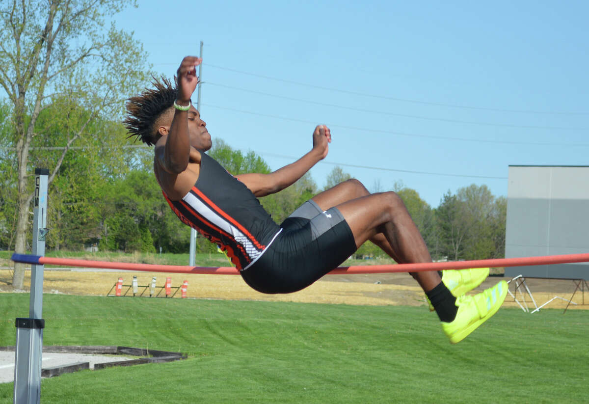 Jordan Brooks in the high jump at the Madison County Large School Championship at the Winston Brown Track and Field Complex. 