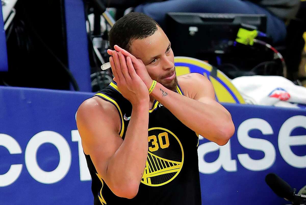 Stephen Curry (30) makes a sleeping gesture late In the second half as the Golden State Warriors played the Denver Nuggets in Game 5 of the first round of the NBA Playoffs at Chase Center in San Francisco, Calif., on Wednesday, April 27, 2022.